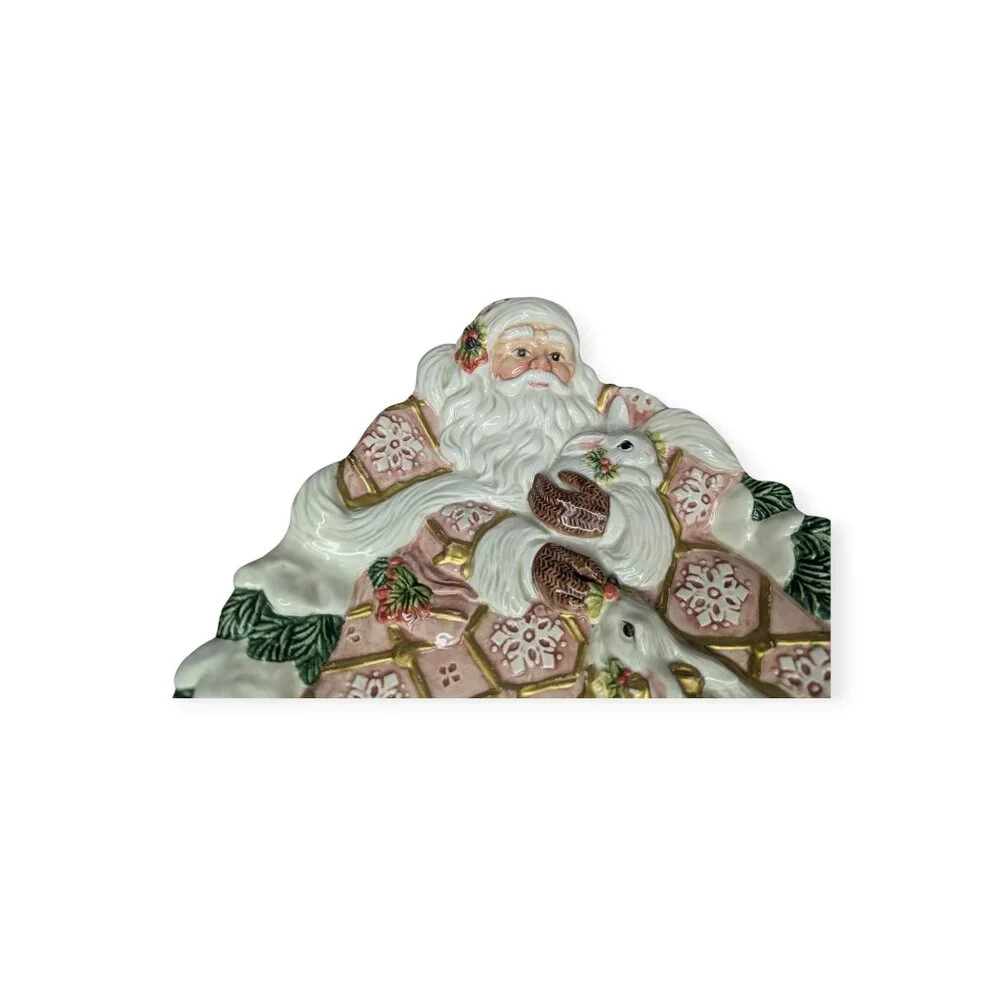 Vintage 1996 Fitz & Floyd Figural Christmas Santa Plate w/Rabbits & Snowflakes
